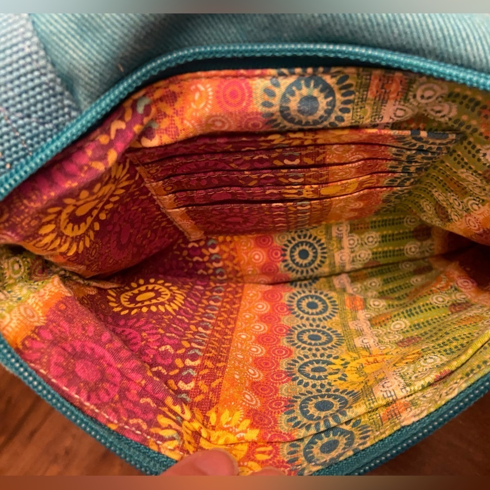 Fossil canvas and leather trim crossbody bag in a turquoise blue and brown Vtg - Picture 5 of 7
